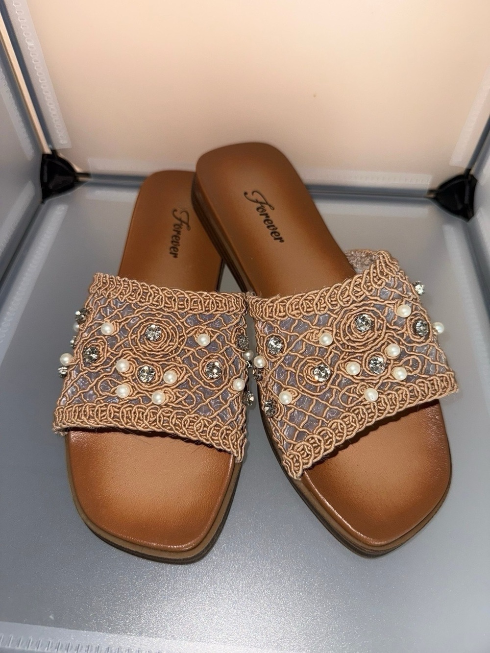 Forever Link Women's Rhinestone & Pearl Slide Flat Sandals Tan Size 6